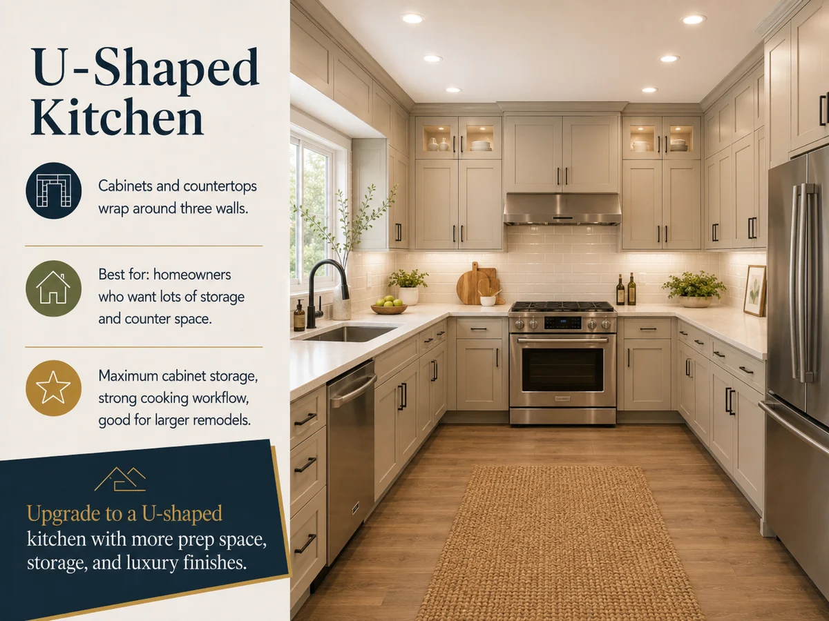 U-Shaped Kitchen layout card — Cabinets and countertops wrap around three walls for a maximum-capacity workspace. Best for: Homeowners who want the most storage and counter space, and serious cooks who live at the stove.